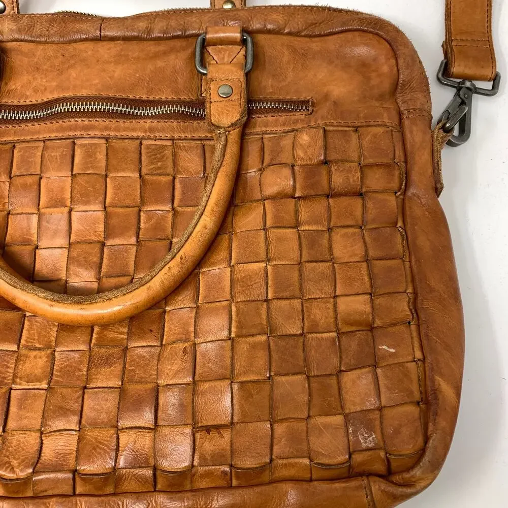 Vilenca Holland Mya Woven Leather Laptop Bag Brown Top Handle Long Strap